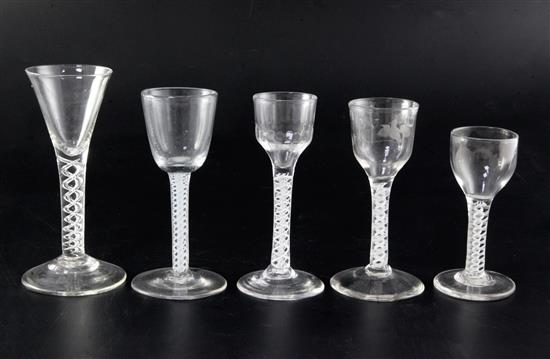 Five 18th century drinking glasses, 12cm - 15cm, and 16cm